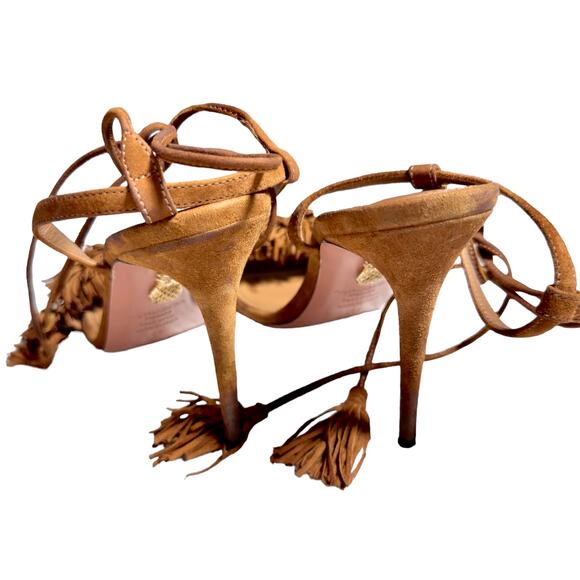 Aquazzura Firenze Cognac Brown Suede Vero Cuoio Sandals Women's EU 39 US 8.5 - Picture 6 of 10